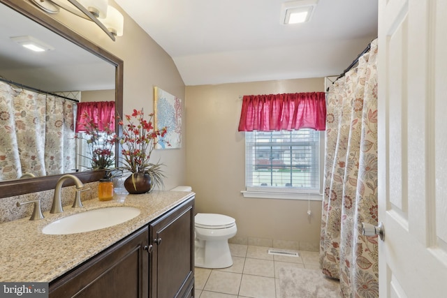 733 Cotswold Rd, Somerdale, NJ 08083 - full bathroom featuring vanity, tile patterned flooring, toilet, visible vents, and lofted ceiling