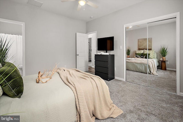 2 Rabbit Run Ln, Ocean Pines, MD 21811 - carpeted bedroom with connected bathroom, a closet, ceiling fan, baseboards, and visible vents