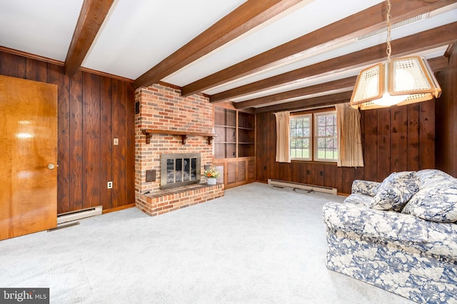 unfurnished living room with carpet floors, a baseboard radiator, beam ceiling, and wooden walls