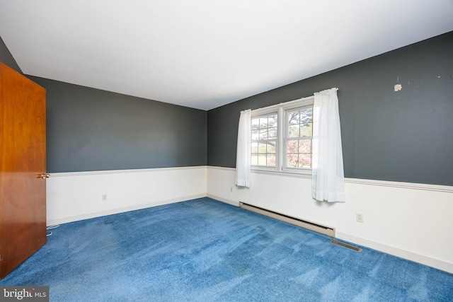 spare room with carpet floors, baseboards, visible vents, and a baseboard radiator