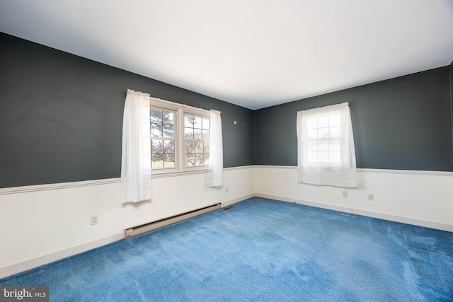 carpeted spare room featuring a baseboard radiator