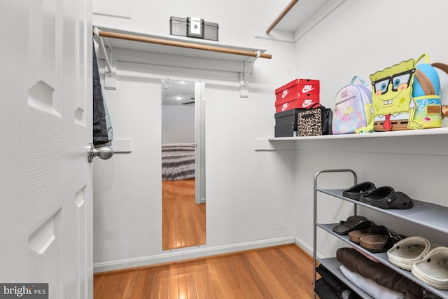 walk in closet with wood finished floors