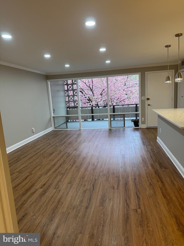 7553 Spring Lake Dr Unit 7553-D, Bethesda, MD 20817 - empty room with baseboards, dark wood-style floors, recessed lighting, and crown molding