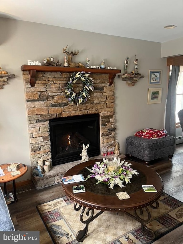 living area with wood finished floors, baseboard heating, and a fireplace