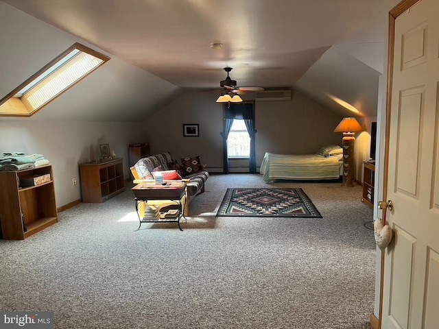 carpeted bedroom featuring vaulted ceiling, a ceiling fan, and an AC wall unit