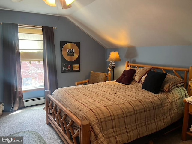 carpeted bedroom featuring a baseboard radiator and lofted ceiling