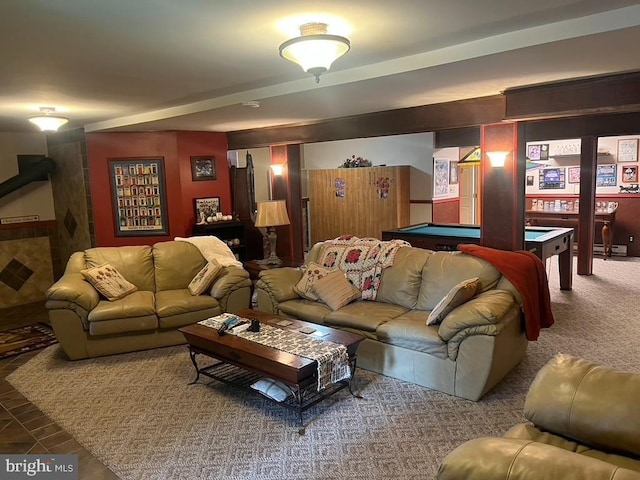 living room with billiards and carpet