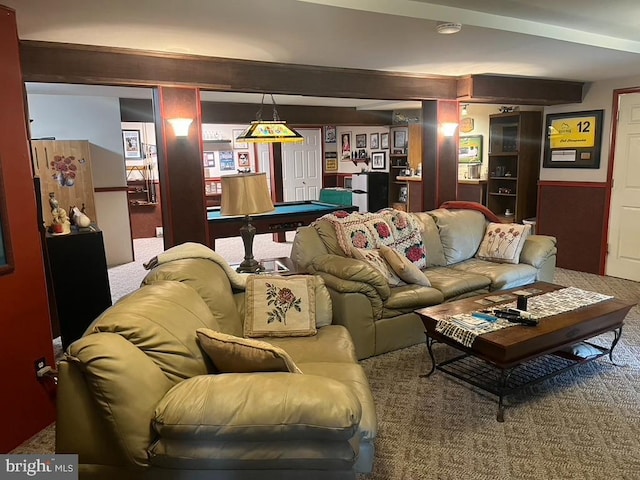 living area with carpet flooring, pool table, and beamed ceiling