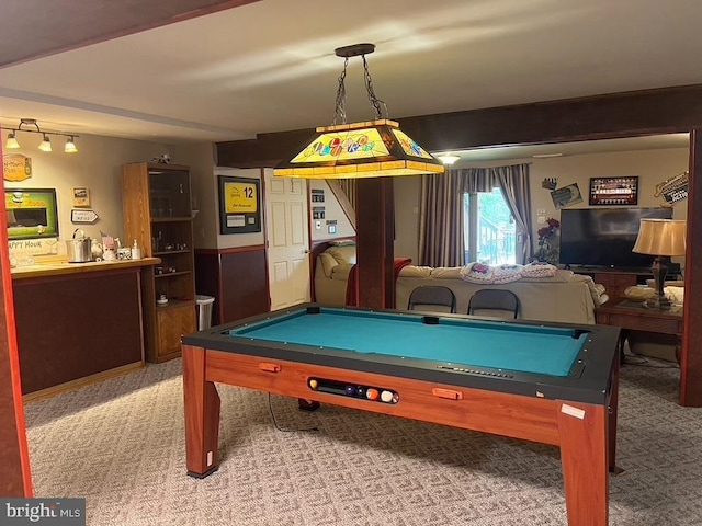 rec room featuring pool table and carpet