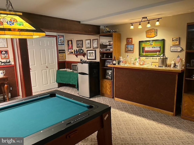 playroom featuring carpet flooring, track lighting, wet bar, and billiards