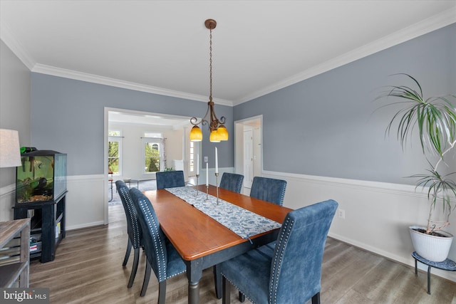 dining area featuring wood finished floors and crown molding