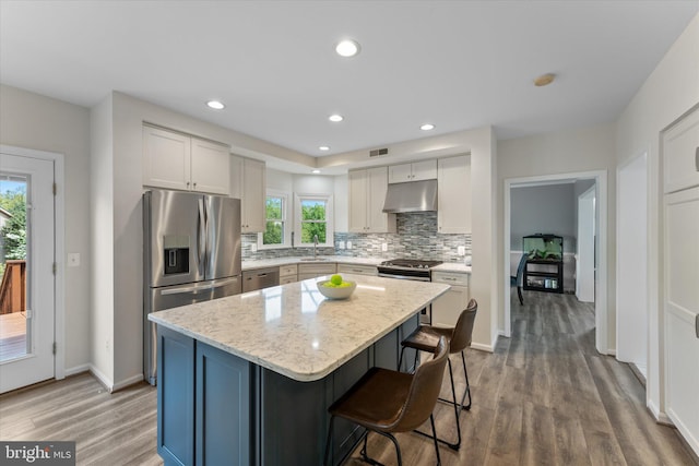 kitchen featuring tasteful backsplash, wood finished floors, stainless steel appliances, under cabinet range hood, and a center island