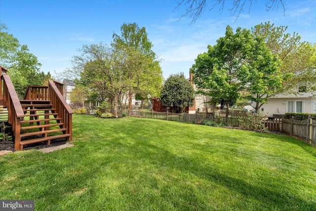 view of yard featuring stairs, a wooden deck, and a fenced backyard