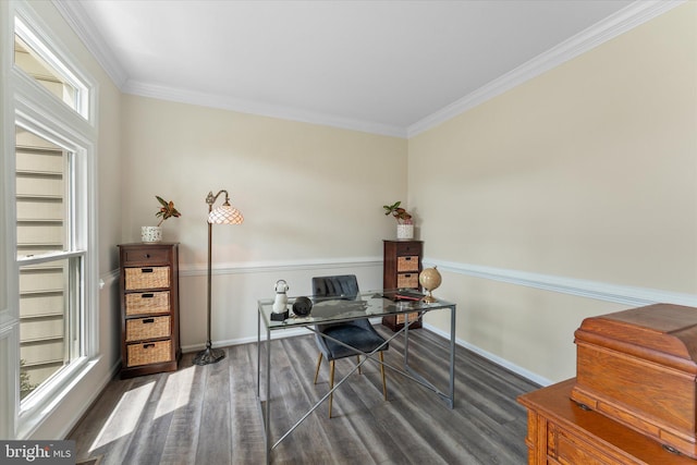 home office with baseboards, wood finished floors, and ornamental molding