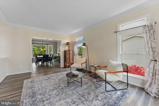 living room featuring baseboards, wood finished floors, a healthy amount of sunlight, and crown molding