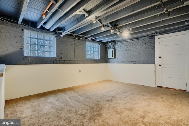 below grade area featuring electric panel and carpet flooring