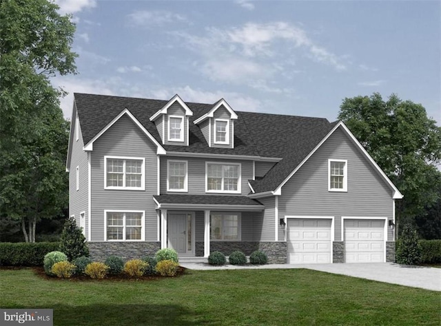 view of front facade featuring stone siding, a garage, driveway, a front lawn, and roof with shingles