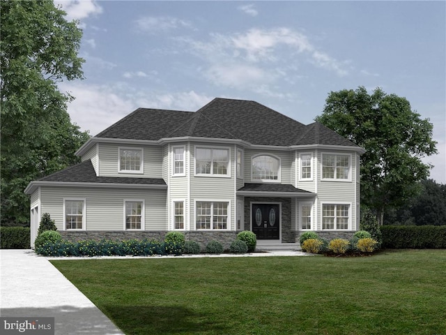 view of front of home with stone siding, a front lawn, roof with shingles, and french doors