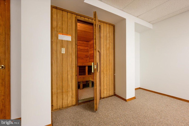 view of sauna / steam room featuring baseboards and carpet flooring