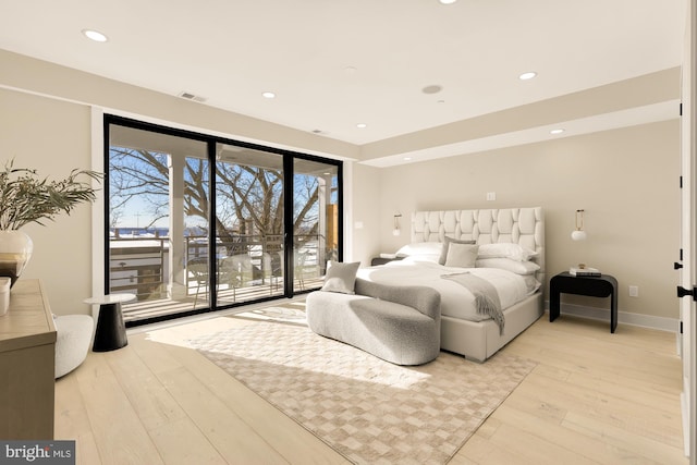 bedroom featuring visible vents, baseboards, light wood finished floors, access to outside, and recessed lighting