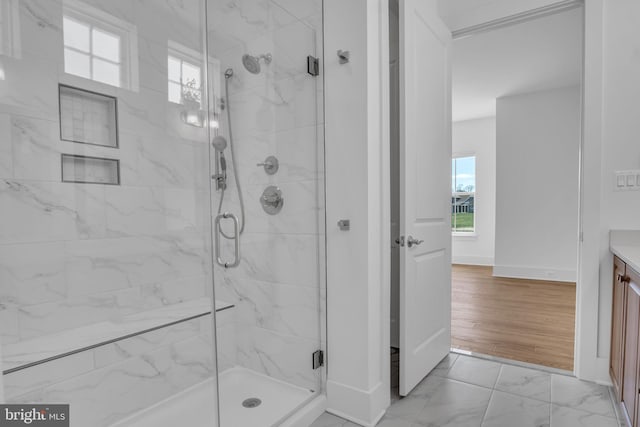 85 Quiet Creek Dr, Gettysburg, PA 17325 - full bathroom with a healthy amount of sunlight, a marble finish shower, baseboards, and vanity