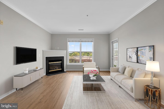 3830 Lightfoot St Unit 335, Chantilly, VA 20151 - living area featuring crown molding, light wood-style flooring, baseboards, a fireplace with flush hearth, and visible vents