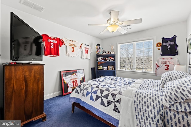 carpeted bedroom with visible vents, baseboards, and ceiling fan