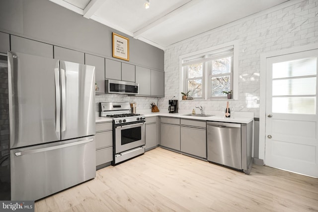 kitchen featuring beamed ceiling, tasteful backsplash, gray cabinets, a sink, and stainless steel appliances