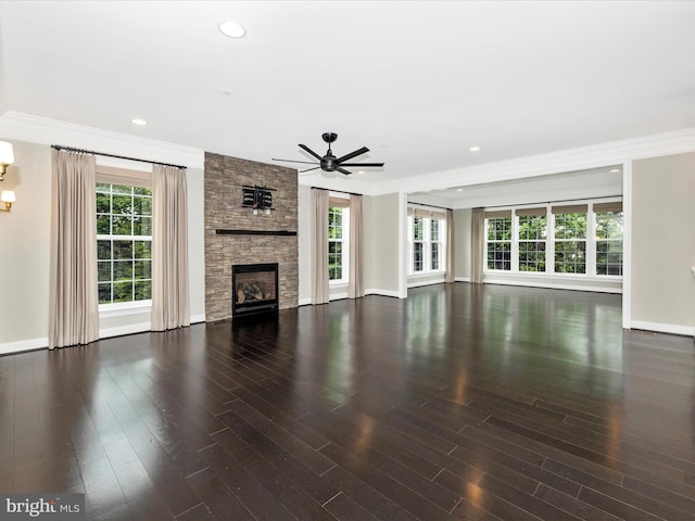 6451 Dresden Pl, Frederick, MD 21701 - unfurnished living room with crown molding, baseboards, ceiling fan, a fireplace, and recessed lighting