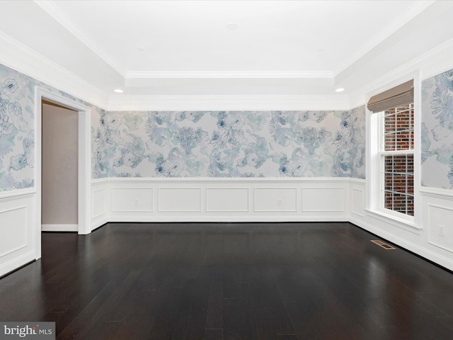 6451 Dresden Pl, Frederick, MD 21701 - empty room with a wainscoted wall, dark wood-style floors, crown molding, and a raised ceiling