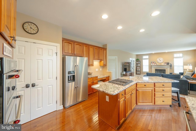 869 Bourban Ln, West Grove, PA 19390 - kitchen with stainless steel appliances, light wood-style floors, a fireplace, light stone countertops, and recessed lighting