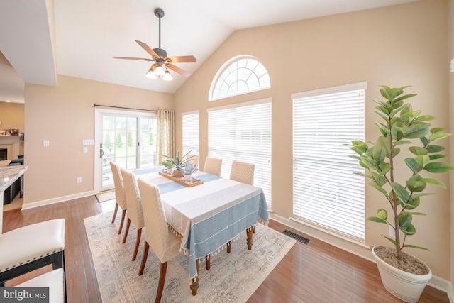 869 Bourban Ln, West Grove, PA 19390 - dining area featuring plenty of natural light, ceiling fan, lofted ceiling, light wood-type flooring, and a fireplace