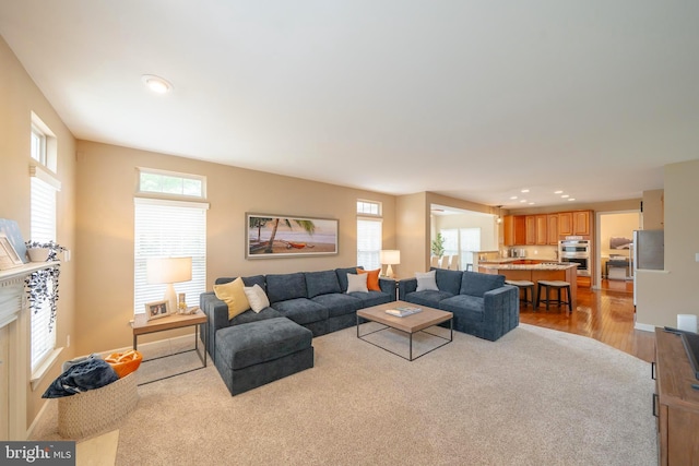 869 Bourban Ln, West Grove, PA 19390 - living area featuring healthy amount of natural light, recessed lighting, light wood-type flooring, and light carpet