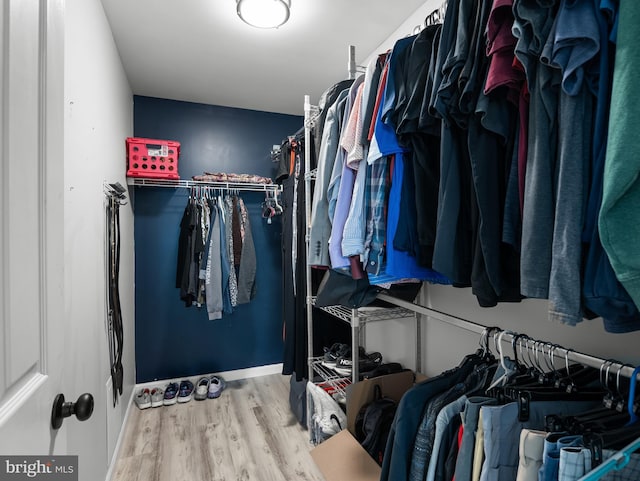 walk in closet with wood finished floors