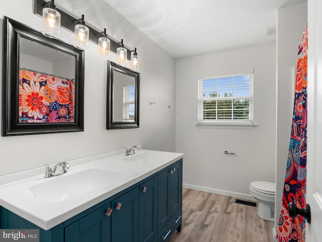 full bathroom featuring toilet, wood finished floors, double vanity, and a sink
