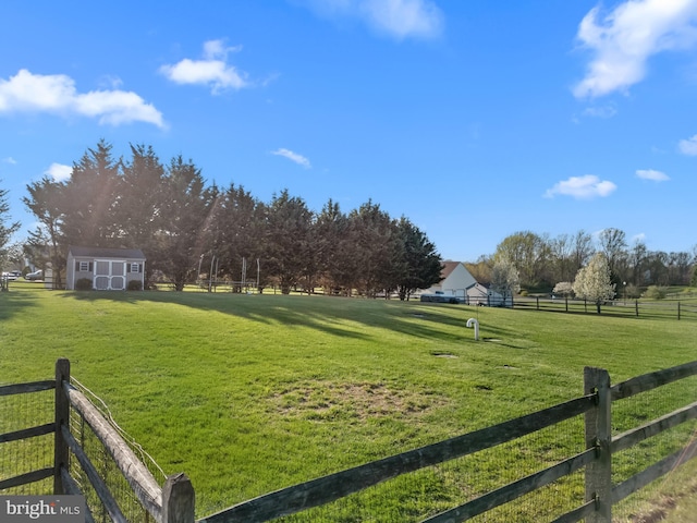surrounding community with an outdoor structure, fence, a yard, and a shed