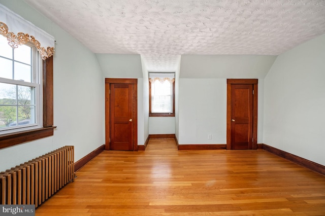 additional living space with radiator heating unit, baseboards, light wood finished floors, and a healthy amount of sunlight