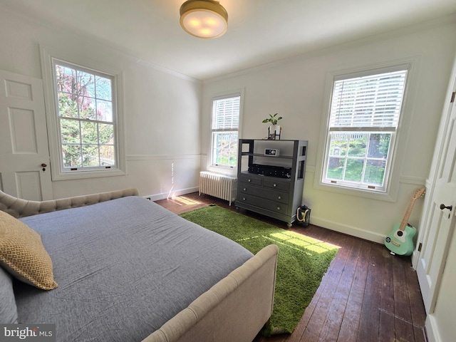 2531 Pickwick Rd, Baltimore, MD 21207 - bedroom featuring radiator heating unit, multiple windows, crown molding, and dark wood-style flooring