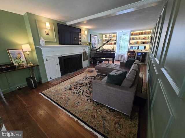 2531 Pickwick Rd, Baltimore, MD 21207 - living area featuring baseboards, wood finished floors, a fireplace, and crown molding