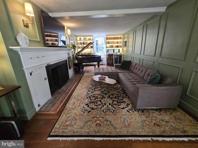 2531 Pickwick Rd, Baltimore, MD 21207 - living room featuring a fireplace, baseboards, and dark wood-type flooring