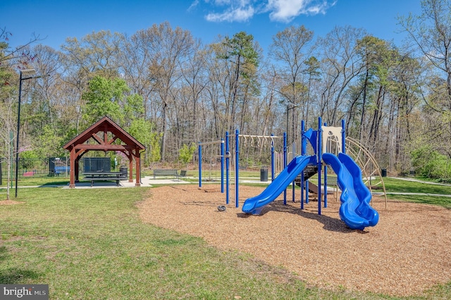 community jungle gym with a gazebo and a lawn