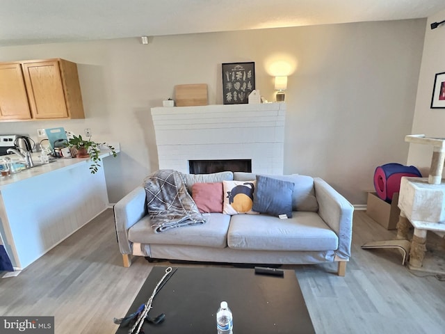 living room featuring baseboards, light wood finished floors, and a fireplace