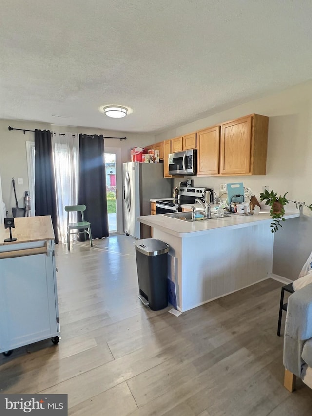 kitchen featuring a peninsula, light countertops, light wood-style flooring, and appliances with stainless steel finishes