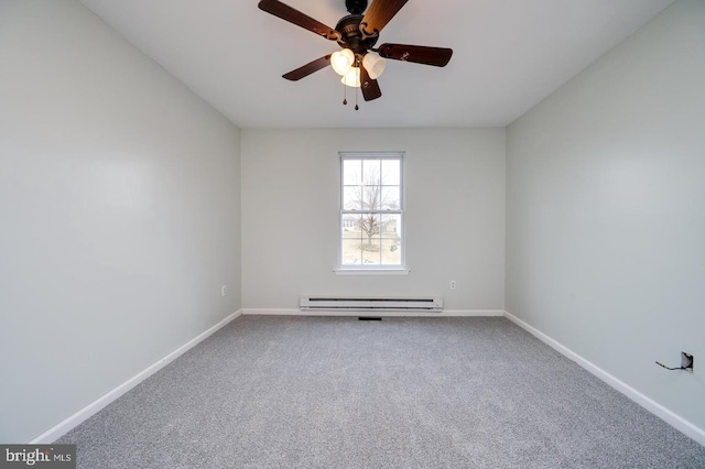 empty room with a baseboard radiator, ceiling fan, baseboards, and carpet