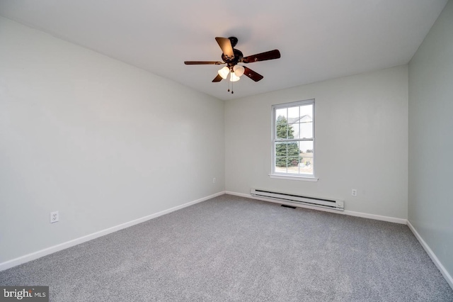 empty room with baseboards, a baseboard heating unit, a ceiling fan, and carpet floors