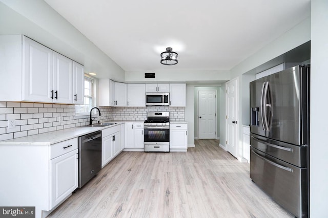 kitchen featuring tasteful backsplash, white cabinets, appliances with stainless steel finishes, light countertops, and a sink