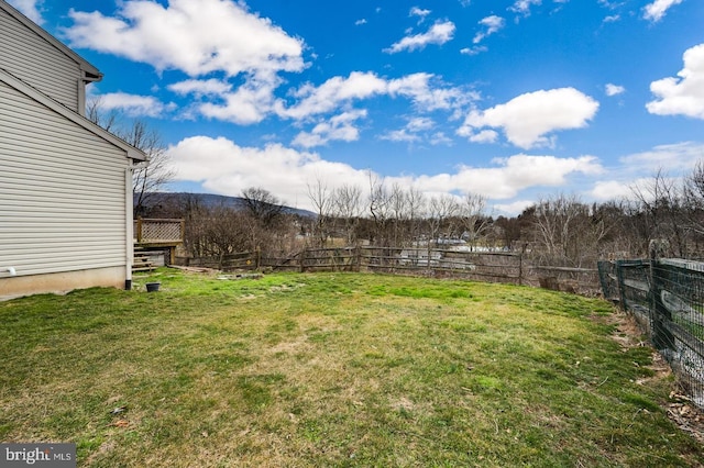 view of yard featuring a mountain view and a fenced backyard