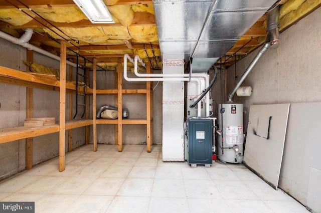 unfinished basement with tile patterned floors, water heater, and heating unit