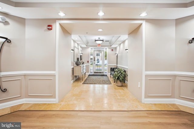 1625 Piccard Dr Unit 305, Rockville, MD 20850 - hall with recessed lighting, wainscoting, a raised ceiling, and a decorative wall