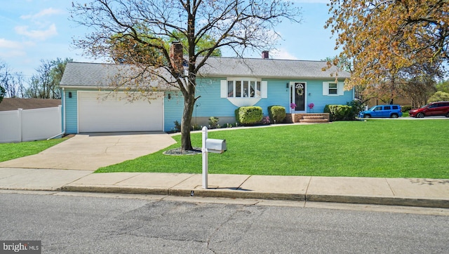 view of front of home featuring concrete driveway, roof with shingles, a front yard, a garage, and fence